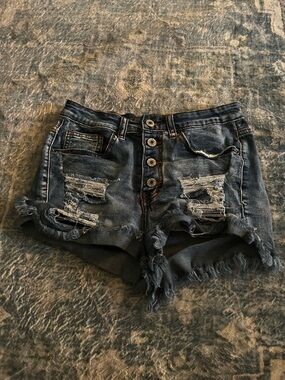 High-Rise Distressed Denim Shorts in Dark Blue
